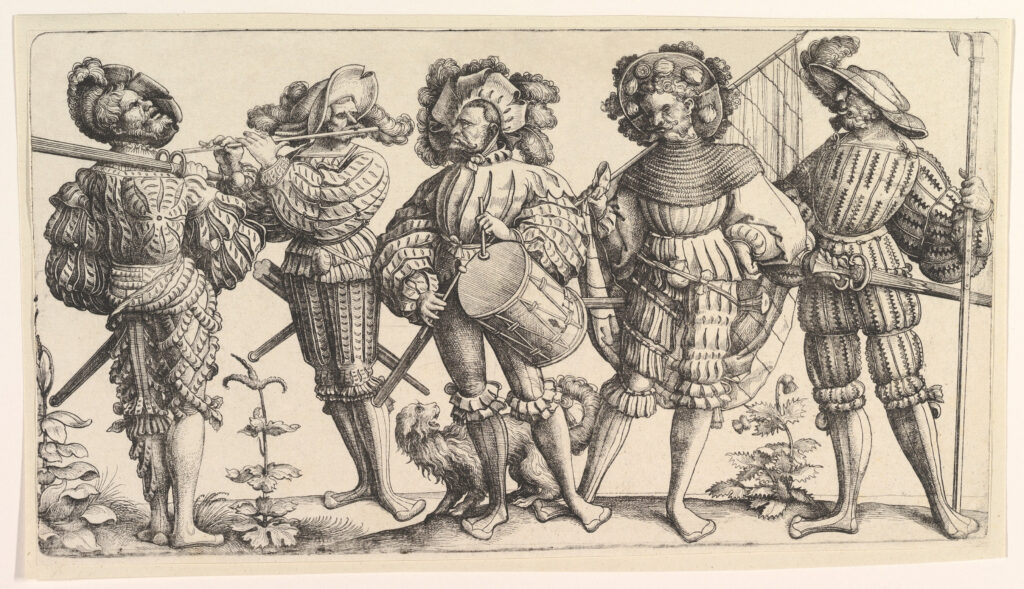 Die fünf Landsknechte“, Eisenradierung von Daniel Hopfer aus dem frühen 16. Jahrhundert, Wikipedia_org