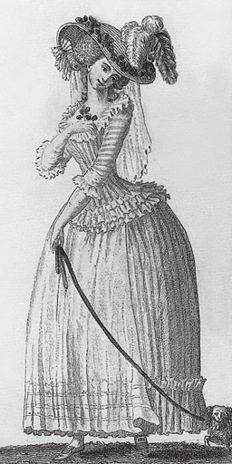 Caraco 1786, Public Domain, wikipedia.org, Fashion plate of 1786 shows a woman wearing a caraco (jacket) and petticoat.