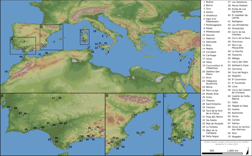 Die Karten zeigt die Fundstellen phönizischer Ölflaschen um das Mittelmeer und den Atlantik. Illustration: E. Croce unter Verwendung von NASA’s Global Imagery Browse Services, basierend auf Daten von A. Orsingher
Copyright: A. Orsingher