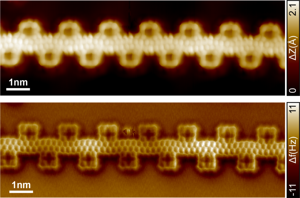 Ultimative Präzision: Mit ihrer Methode können die Empa-Forschenden die molekulare Struktur mit atomarer Präzision synthetisieren, wie Mikroskopieaufnahmen bestätigen (oben Rastertunnelmikroskopie, unten Rasterkraftmikroskopie im Nicht-Kontakt-Modus). Copyright: Empa